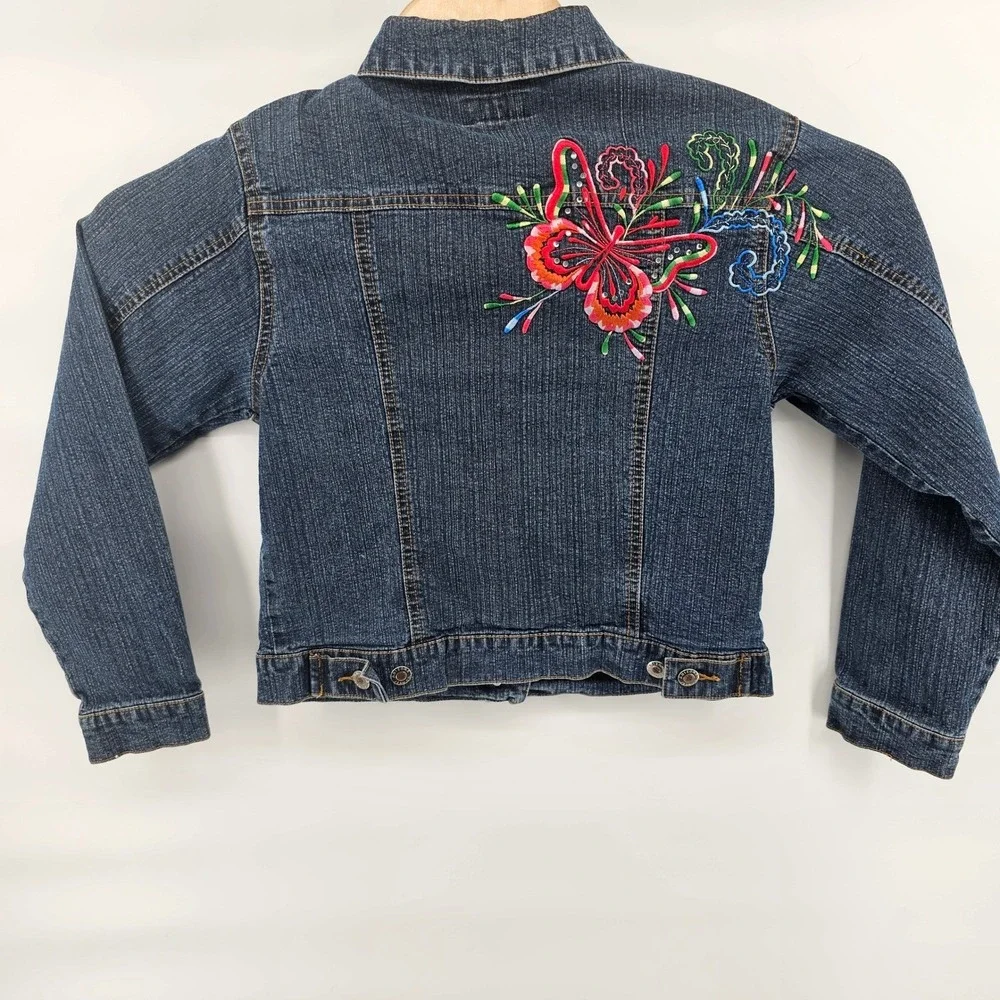 Arizona Denim Jacket Girls Size XL 10/12 Blue Butterfly Embroidered Rhinestone‎